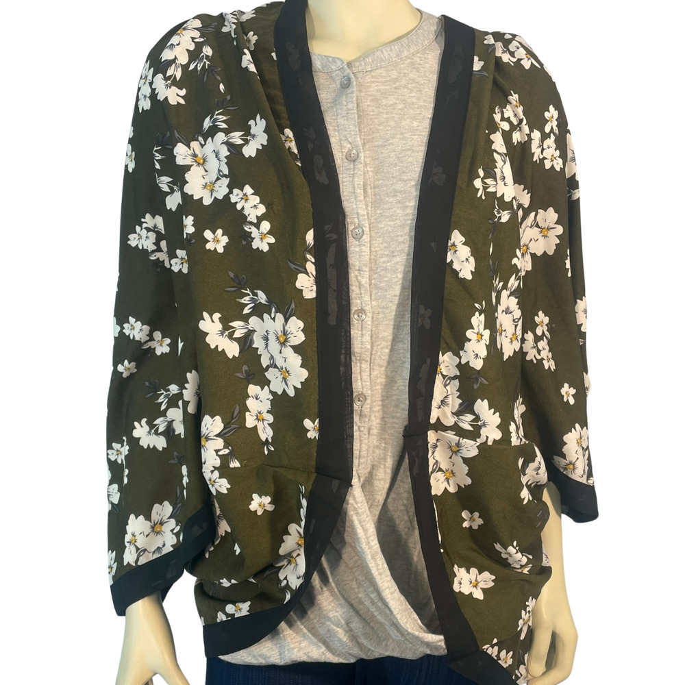 Karma brand Wearable Scarf Kimono Wrap w/Armholes Olive Floral Print Polyester